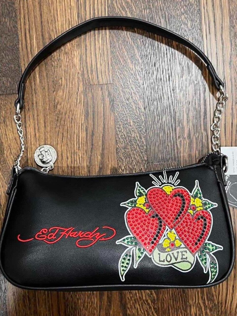 ed hardy embroidered logo bedazzled rhinestone love hearts purse y2k NWT